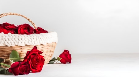Wicker basket with red roses on white background with copy space.の素材