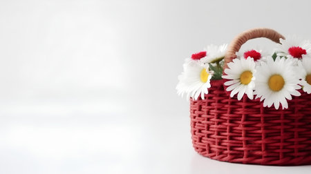 Wicker basket with daisies on white background with copy spaceの素材
