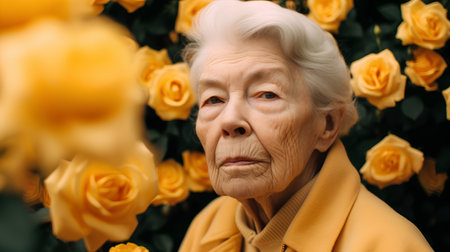 Portrait of an elderly woman on a background of yellow roses.の素材