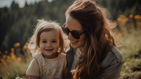 Mother and daughter in the mountains. Happy family. Mother's day.の素材