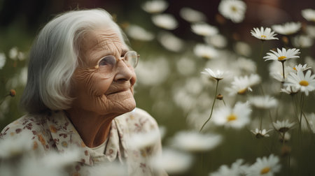 Portrait of elderly woman in camomile field. Selective focus.の素材