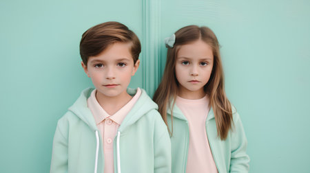 Portrait of two little girls in pastel clothes on turquoise backgroundの素材