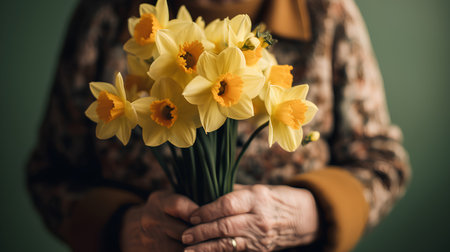 Hands of an elderly woman holding a bouquet of daffodilsの素材