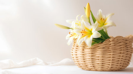 Bouquet of yellow lilies in a wicker basket on a light backgroundの素材