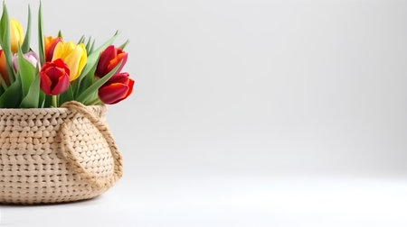 Basket with tulips on a white background, place for textの素材