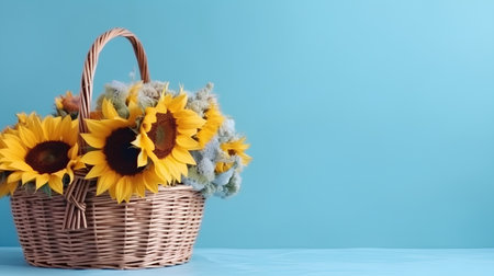 Basket with sunflowers on a blue background, copy spaceの素材