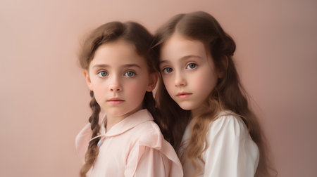 Portrait of two little girls with long braids on pink backgroundの素材