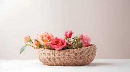 Basket with flowers on a white table with a pink background.の素材