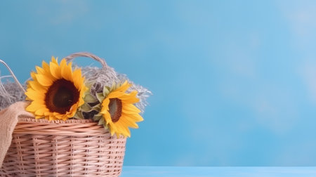 Sunflowers in a basket on a blue background with copy spaceの素材