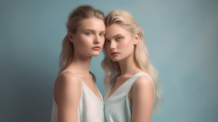 Portrait of two young beautiful women in white dresses. Studio shot.の素材