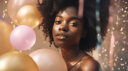 Beautiful african american young woman with balloons at birthday partyの素材