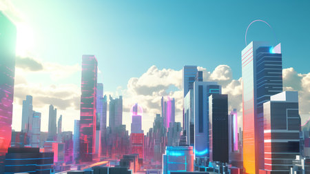 3d illustration of futuristic city with skyscrapers and neon lightsの素材