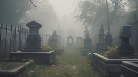 Gravestones in a foggy cemetery in autumn, Poland.の素材