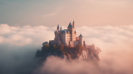 Fantasy landscape with castle on top of a cliff in the cloudsの素材