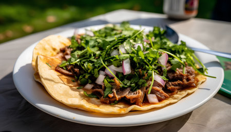 Mexican tacos with beef, onion and arugula on the tableの素材