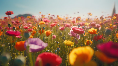 Field of poppies in the spring. Beautiful meadow with flowersの素材
