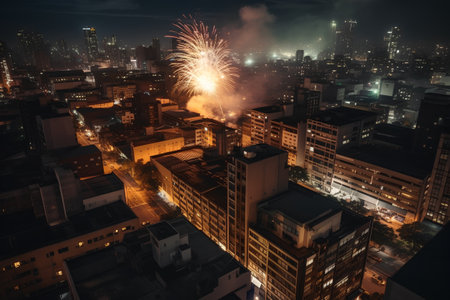 Aerial view of a city at night with a fireworks in the skyの素材