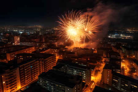 Aerial view of the city with fireworks in the night sky.の素材