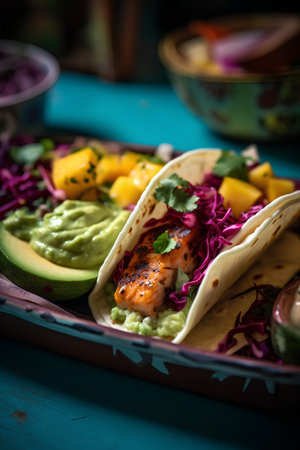 Mexican tacos with avocado, mango and red cabbage on turquoise backgroundの素材