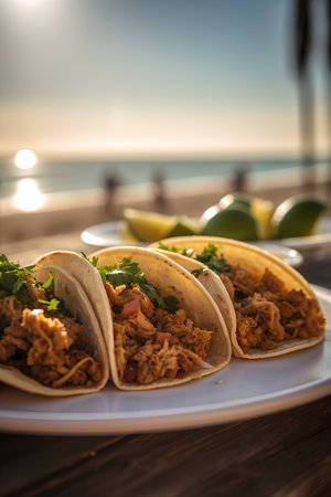 Traditional mexican tacos on the beach at sunset. Selective focus.の素材