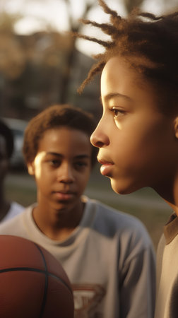 Portrait of two young african american teenagers playing basketball outdoorsの素材