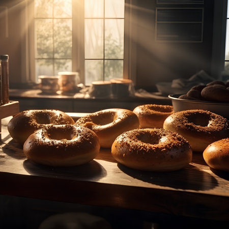 Bagels on a wooden table in the kitchen at sunset.の素材