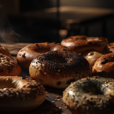 Bagels with sesame seeds on wooden table, shallow dofの素材