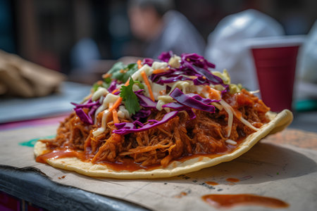 Traditional mexican tacos with beef and coleslaw, close upの素材