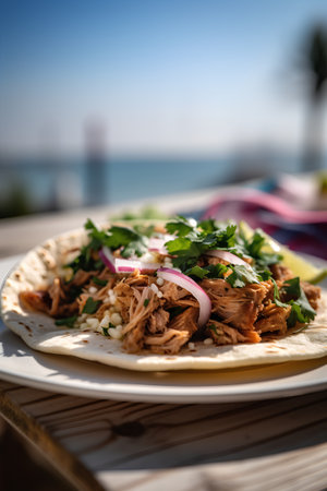tacos with meat and vegetables on the table by the seaの素材
