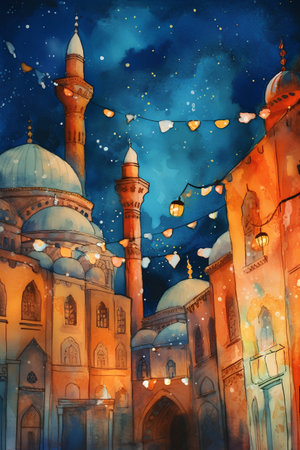 Watercolor painting of mosque in Istanbul, Turkey. Illustration on paper.の素材