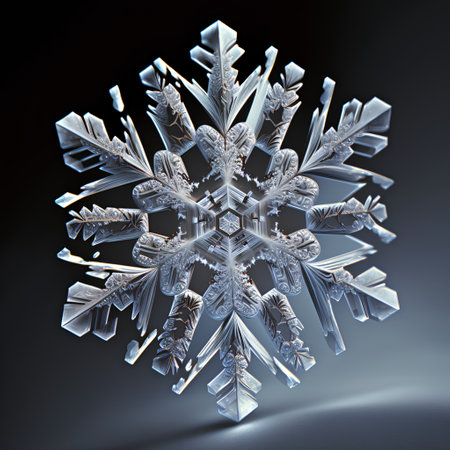3d render of snowflake isolated on black background. 3d illustrationの素材