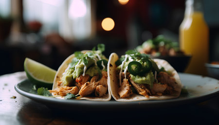 Mexican tacos with chicken and guacamole, selective focusの素材