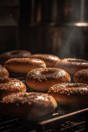 Freshly baked bagels with sesame seeds on a baking tray.の素材