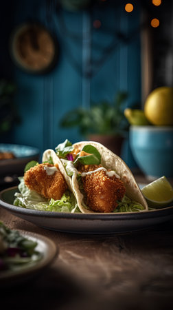 Crispy fried fish tacos with lettuce and lime on a rustic wooden tableの素材