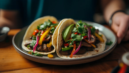 Mexican tacos with beef and vegetables on wooden table, closeupの素材