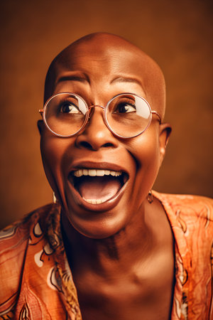 beautiful young african american woman wearing glasses smiling happy on brown backgroundの素材