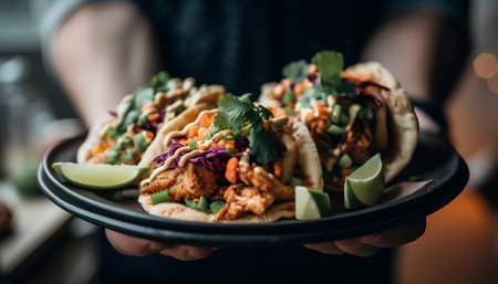 Mexican tacos with chicken meat and vegetables in a man's handの素材