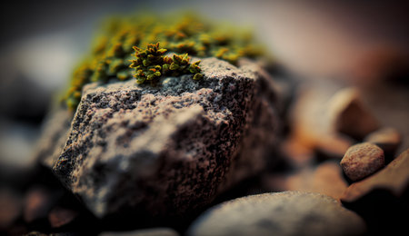 Close up of a small green plant growing on a stone. Selective focus.の素材