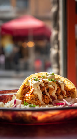 Traditional mexican tacos with chicken, onion and mayonaiseの素材