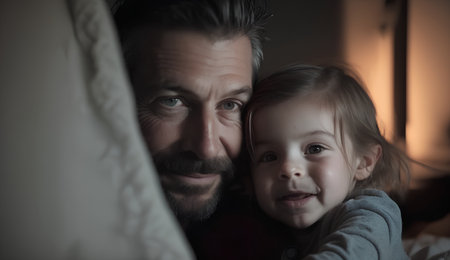Portrait of a happy father and his daughter in bed at homeの素材