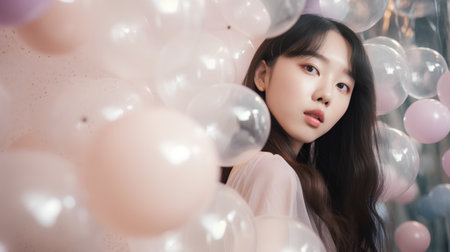 Beautiful young asian woman with pink and white balloons in the studio.の素材