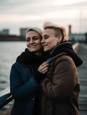 Happy young couple embracing on the pier in the city at sunset.の素材