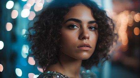 Portrait of beautiful young woman with curly hair and evening makeup.の素材