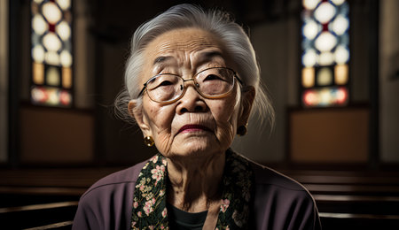 Portrait of an old woman in a church. Religion concept.の素材