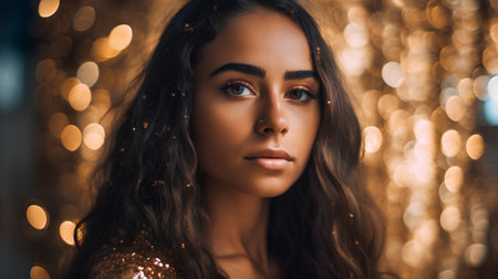 Portrait of a beautiful young woman in a golden dress. Christmas.の素材