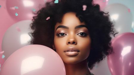 Beautiful african american young woman with balloons and confetti on pink backgroundの素材