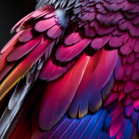 Colorful feathers of a bird as a background. Close-upの素材
