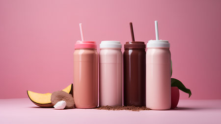 Healthy smoothie in plastic bottles with straws and coconut on pink backgroundの素材