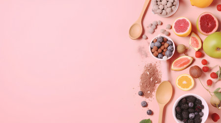 Healthy food ingredients on pink background, top view, copy spaceの素材
