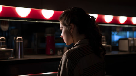 Side view of a young woman listening to music with headphones at nightの素材